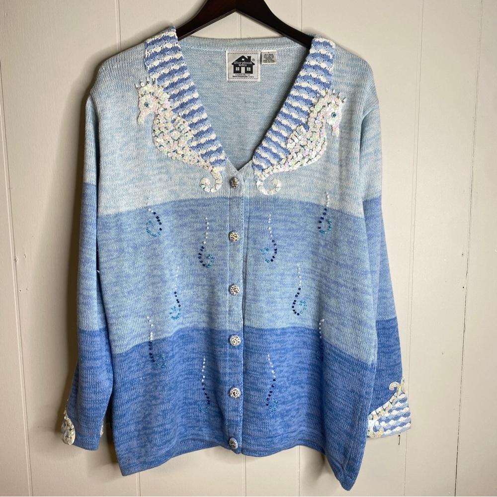 Storybook Knits Sparkling Seahorse Ocean Scene cardigan Women’s Large blue